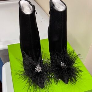 Elegant Black Feathered Ankle Boots with brooch on front of bootie zipper side